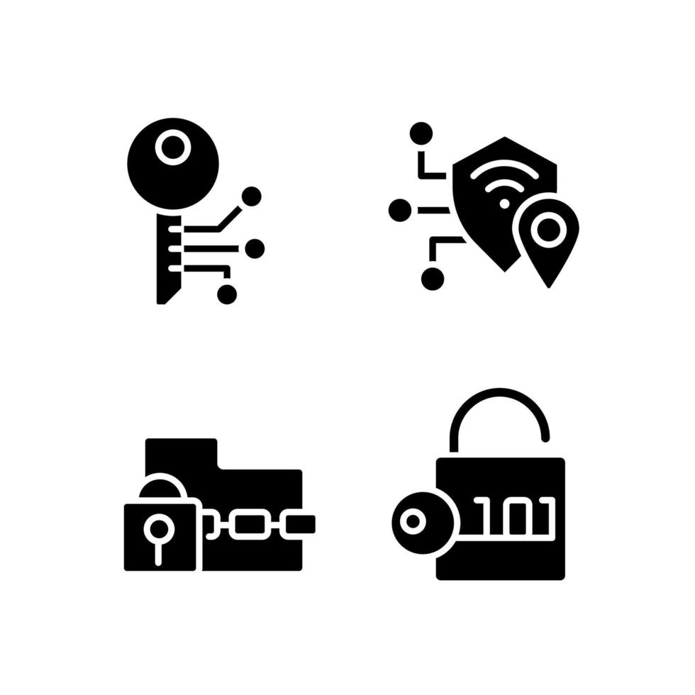 Encryption technologies black glyph icons set on white space. Ransomware. Data decryption. Cryptography. Online safety. Silhouette symbols. Solid pictogram pack. Vector isolated illustration