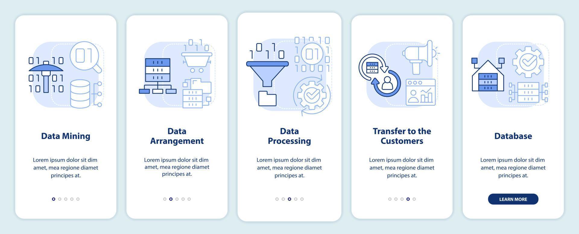 la recopilación y el procesamiento de datos en la pantalla de la aplicación móvil de incorporación de color azul claro. tutorial 5 pasos páginas de instrucciones gráficas con conceptos lineales. interfaz de usuario, ux, plantilla de interfaz gráfica de usuario. vector