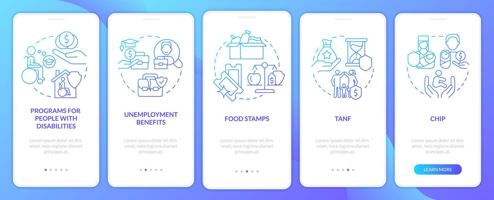 Government benefits blue gradient onboarding mobile app screen. Walkthrough 5 steps graphic instructions pages with linear concepts. UI, UX, GUI template. vector