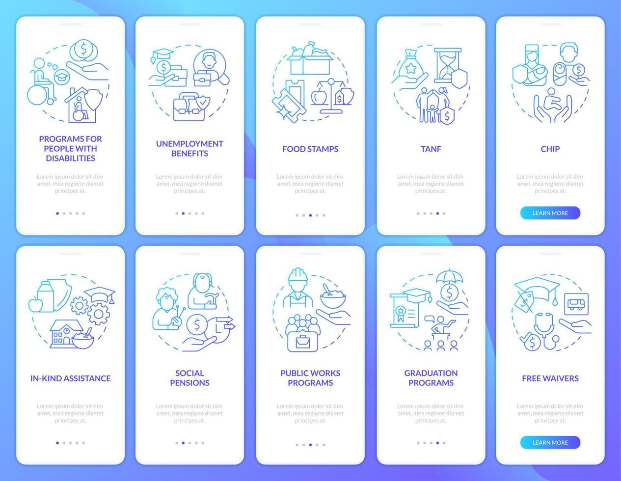 Social assistance blue gradient onboarding mobile app screen set. Walkthrough 5 steps graphic instructions pages with linear concepts. UI, UX, GUI template. vector