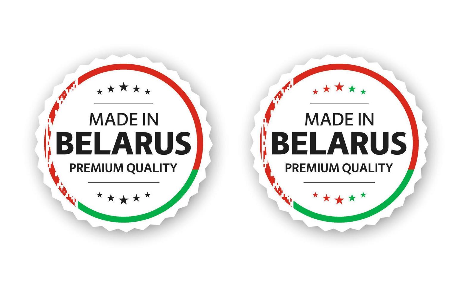 conjunto de dos etiquetas bielorrusas. hecho en bielorrusia. pegatinas y símbolos de primera calidad con estrellas. ilustración vectorial simple aislada sobre fondo blanco vector