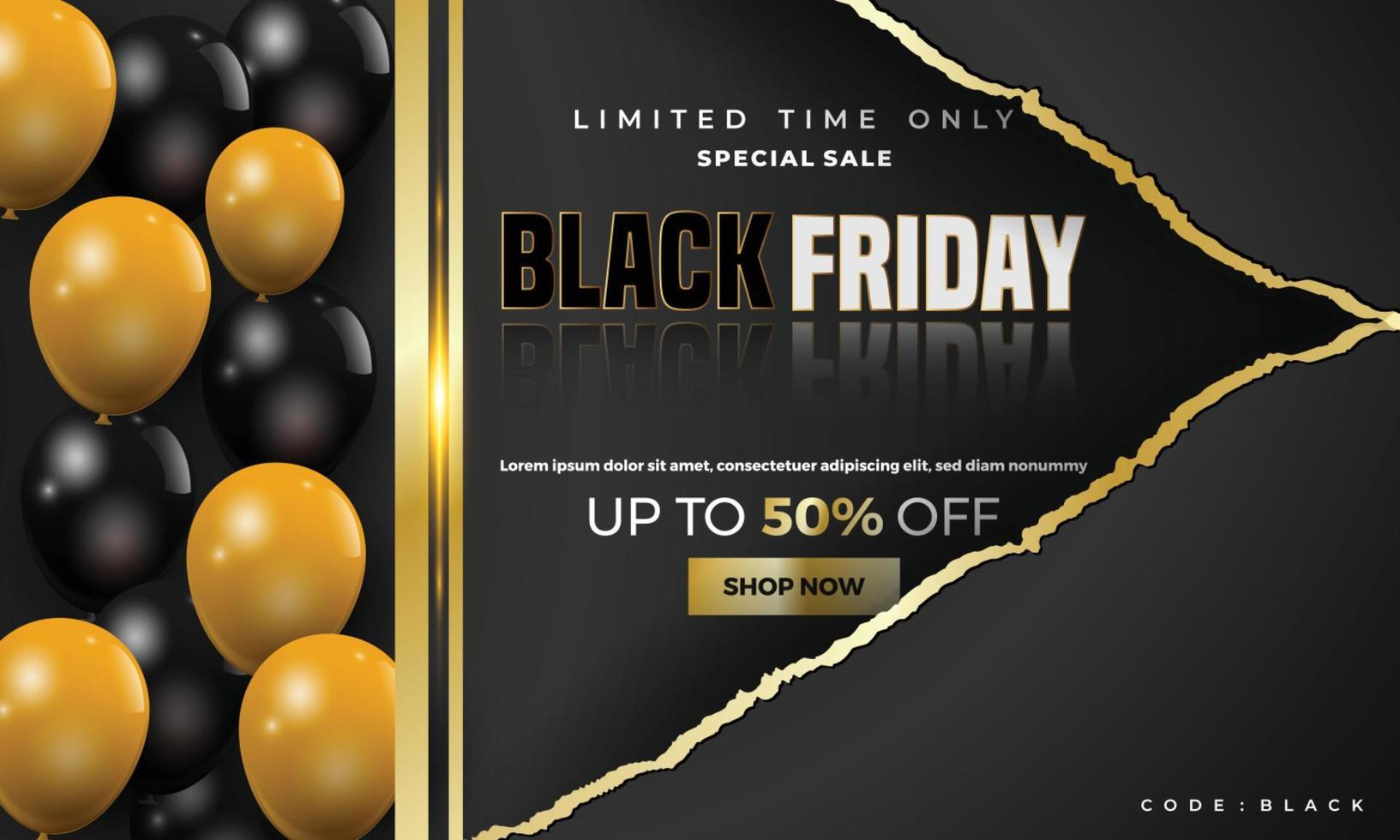 Golden luxury background black friday special sale promotion banner with balloons and realistic ripped paper decoration. vector