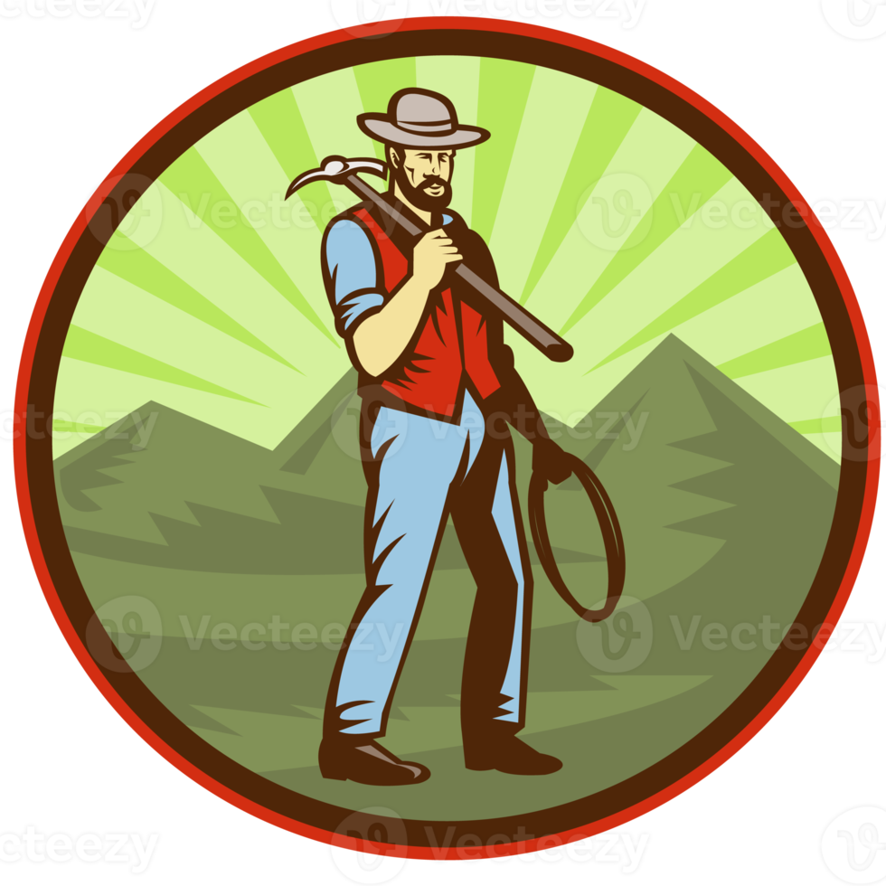 Miner carrying pick axe with mountains png