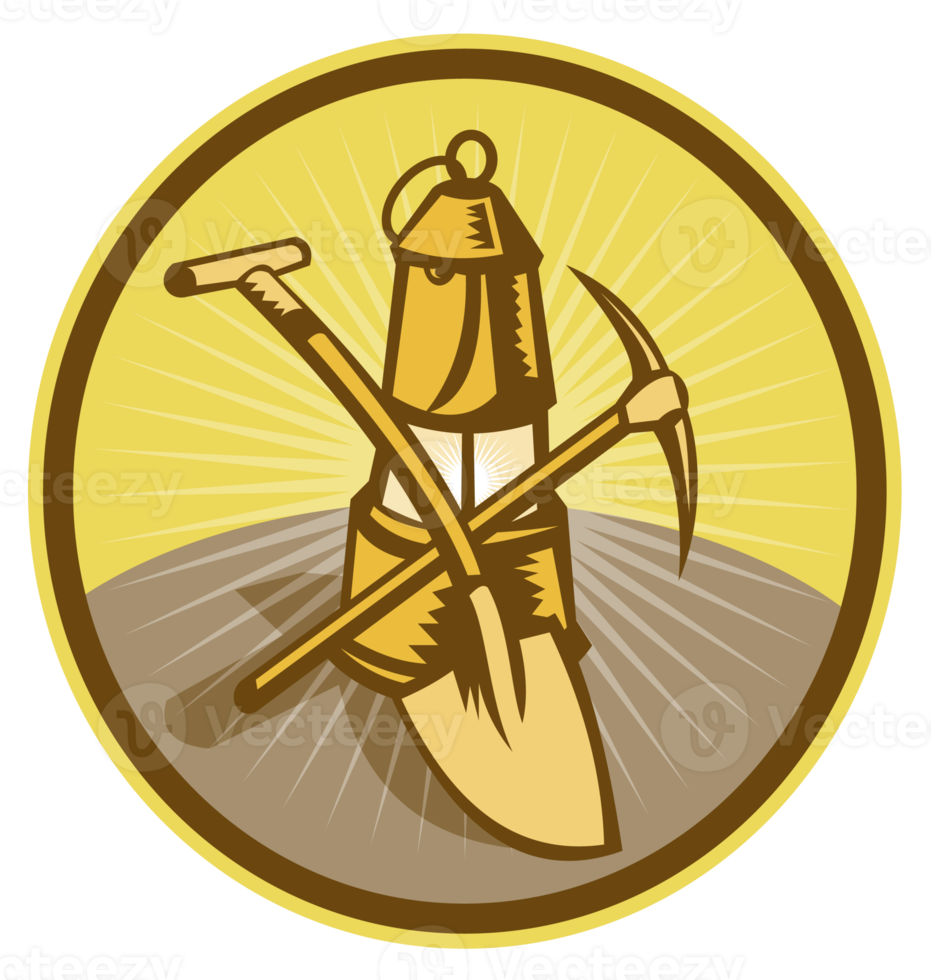 Mining or miner's lamp with shovel and pick axe png