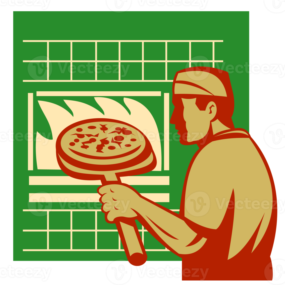pâtissier à pizza ou boulanger tenant un four de cuisson png