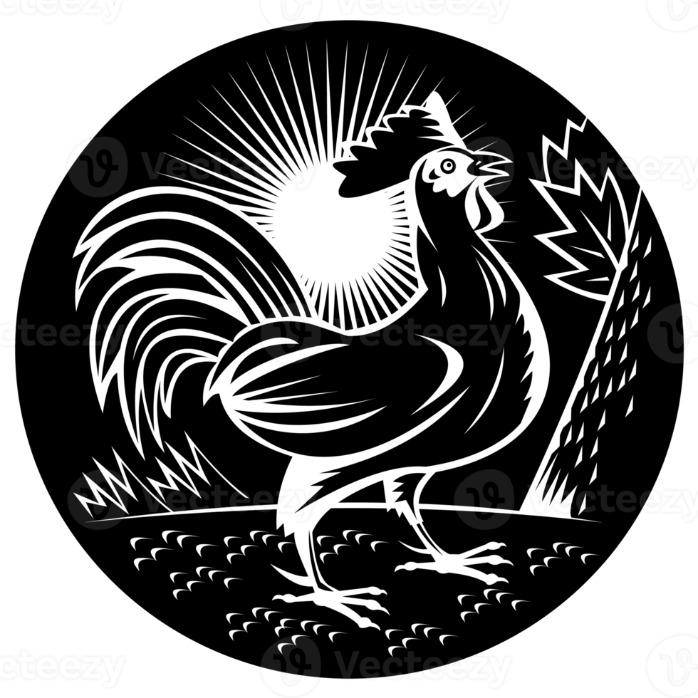 rooster retro woodcut png