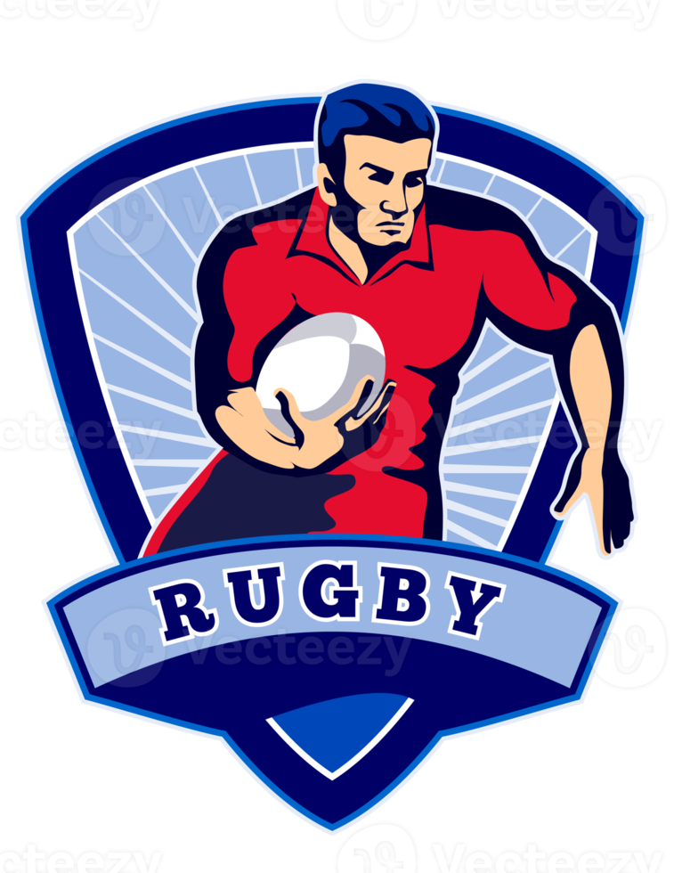 Rugby player running ball front shield png