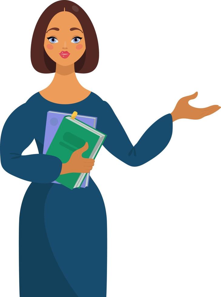 Cute Female teacher, girl pointing with her hand, holding books. School and learning concept, teacher s day, vector illustration