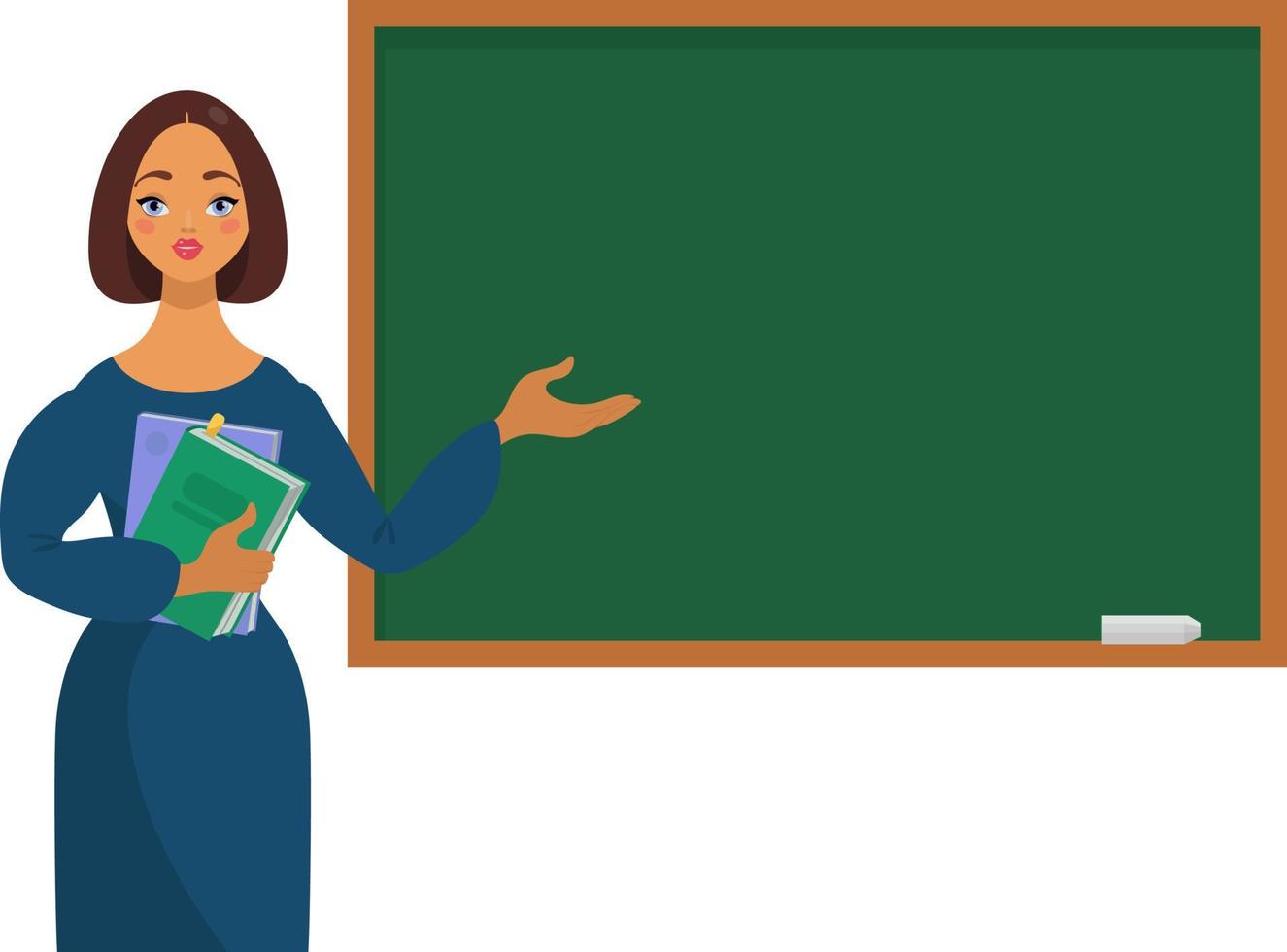 Cute Female teacher, girl pointing with her hand, holding books. School and learning concept, teacher s day, vector illustration