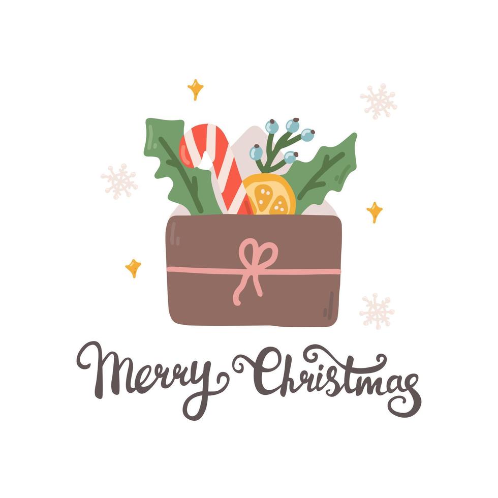 Greeting card with Christmas decoration in an envelope and snowflakes, hand lettering Merry Christmas, vector flat illustration on white background