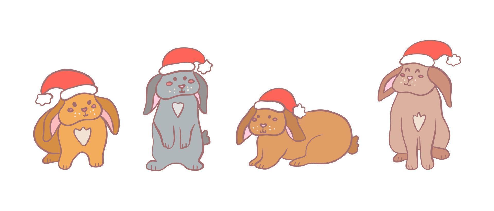 Cute set with rabbits in Santa hat, vector flat illustration in hand drawn style on white background