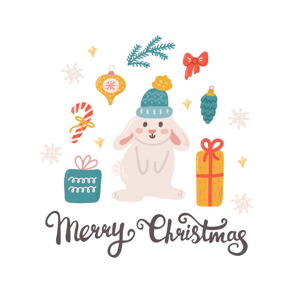 tarjeta de saludo, lindo conejo con juguetes de árbol de navidad, regalos y copos de nieve, letras a mano feliz navidad, ilustración vectorial plana sobre fondo blanco vector