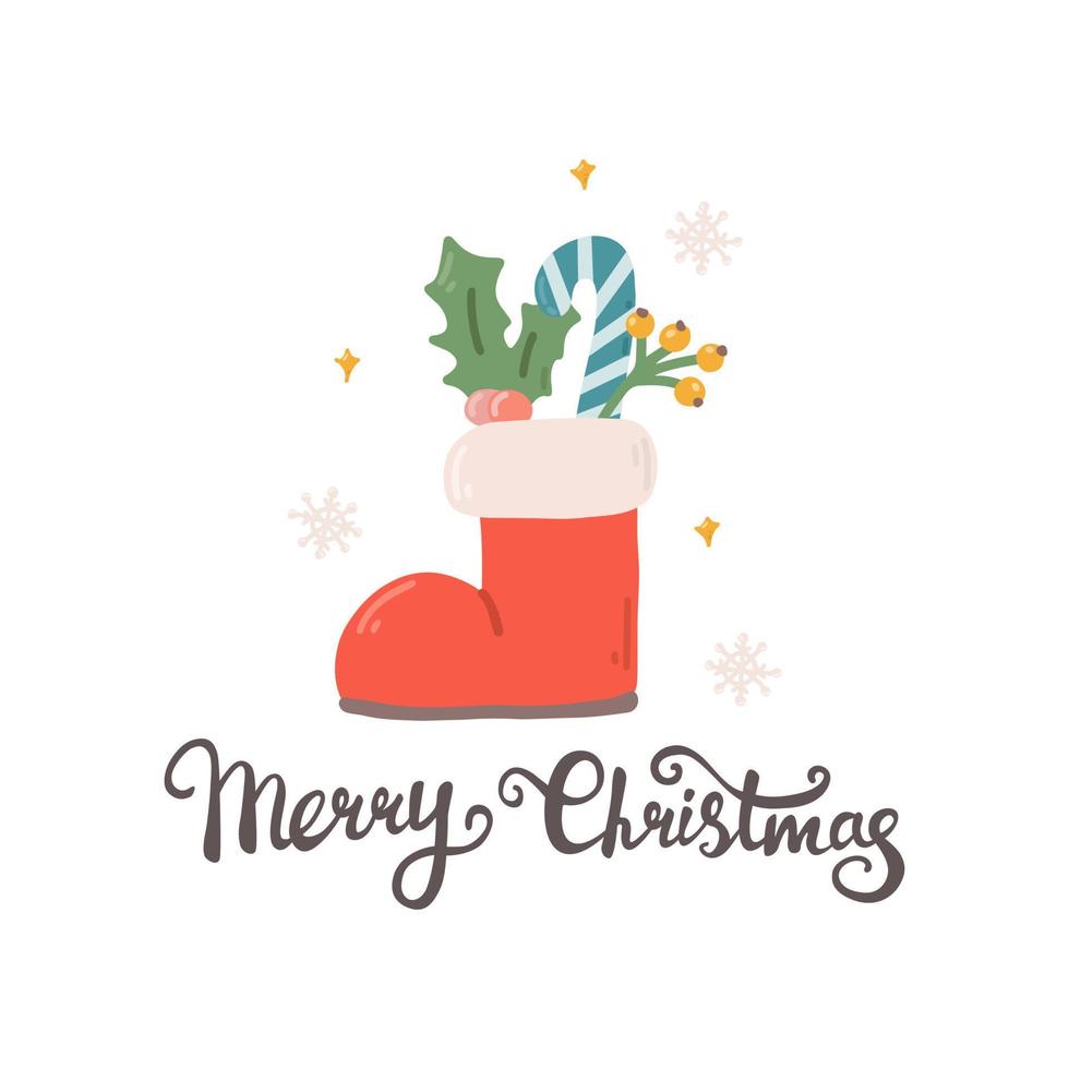tarjeta de felicitación, bota con adornos navideños y copos de nieve, letras a mano feliz navidad, ilustración vectorial plana sobre fondo blanco vector