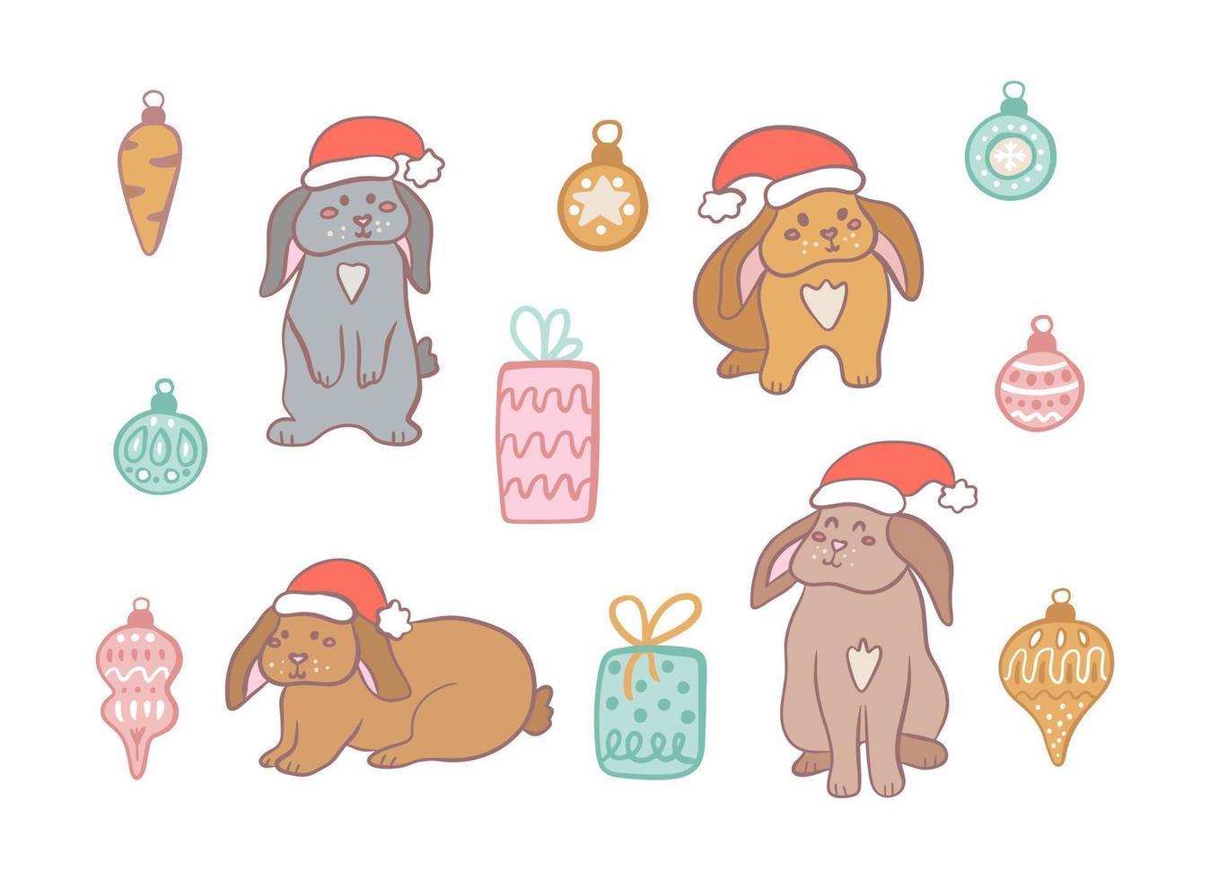 lindo conjunto con conejos en un sombrero de santa y juguetes de árbol de navidad con regalos, ilustración plana vectorial en estilo dibujado a mano sobre fondo blanco vector