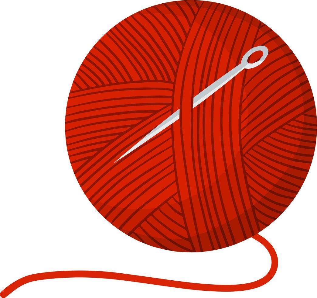 Ball of red thread. Embroidery and needle. Crafts and Hobbies. Clothing manufacturing and needlework. Flat cartoon illustration isolated on white vector