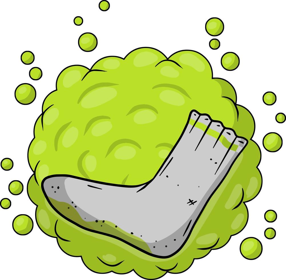 Dirty sock. Sloppy clothes. Stinky toe. Grey Object for washing. Cartoon flat illustration. Green bubble acid cloud. Smelly feet. Bad stench vector