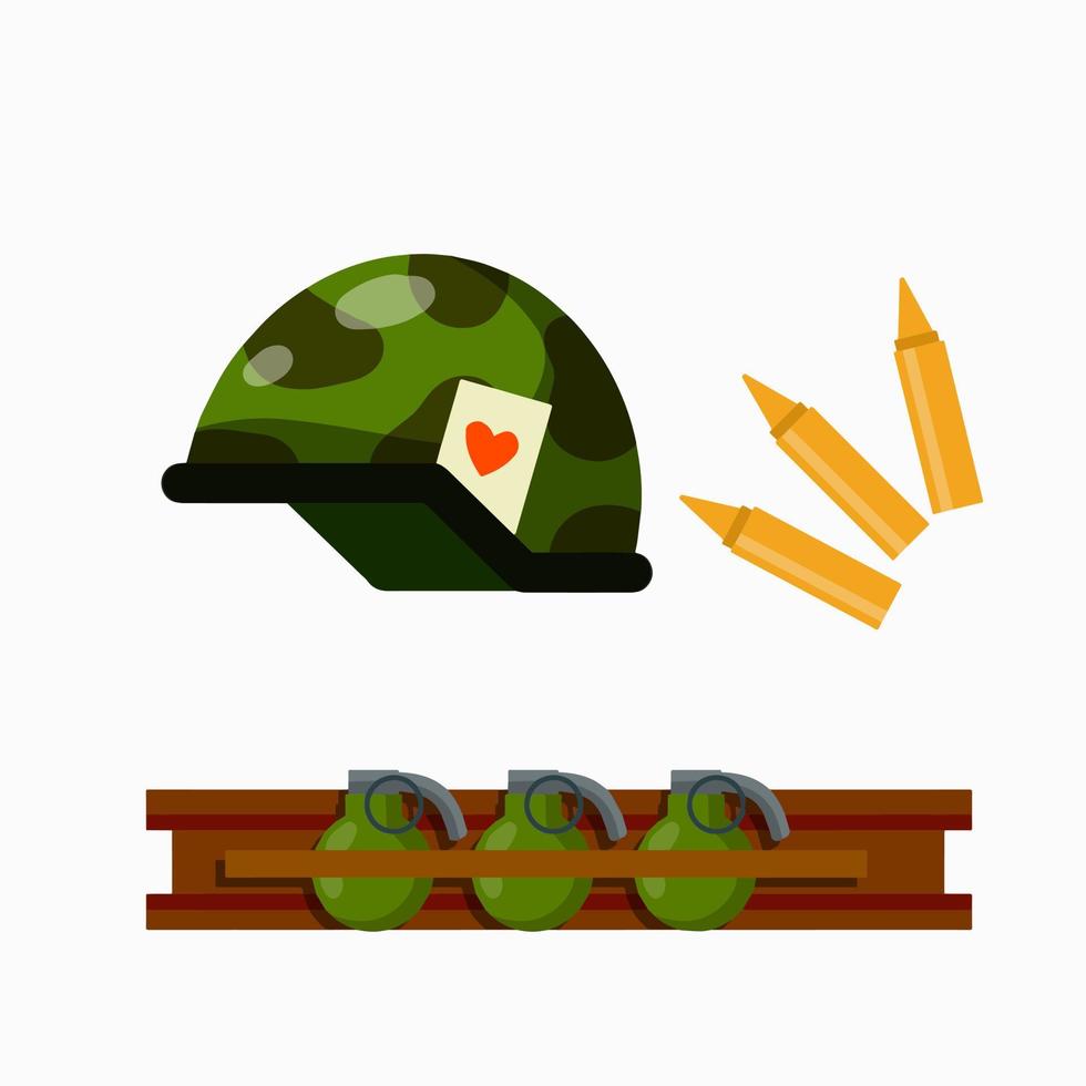 Soldier helmet. Modern ammunition and armor for war. Head protection and green cap with playing card. Set of grenades, bombs, and ammo. vector