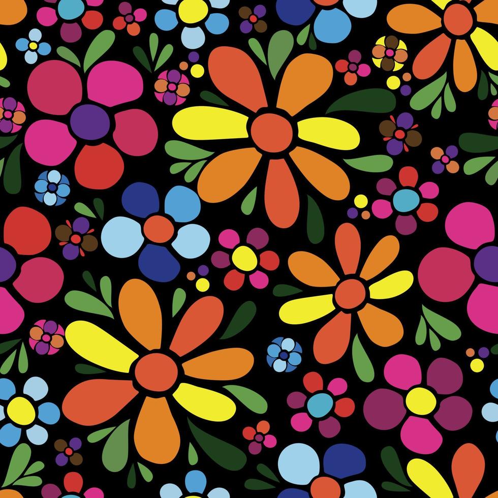 patrón transparente de vector floral simple. flores brillantes, hojas sobre un fondo negro. para estampados de tela, productos textiles.
