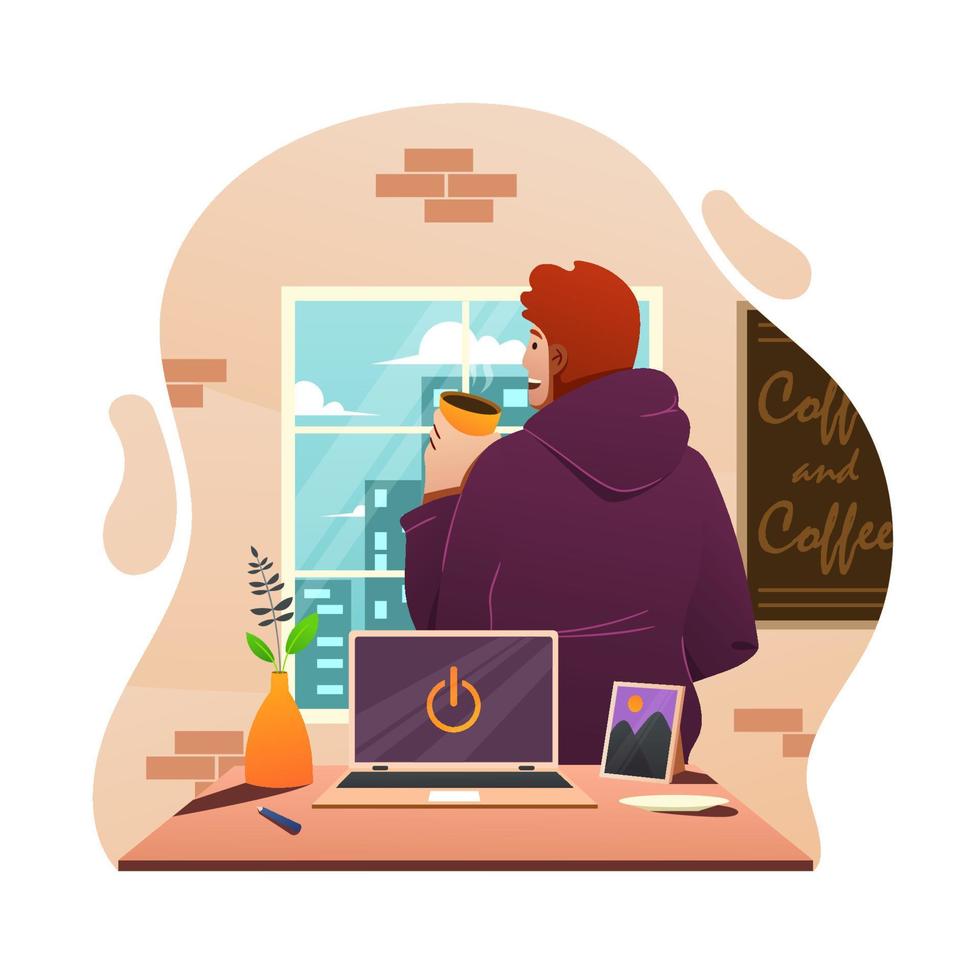 A Man Resting at Work with a Cup of Coffee vector