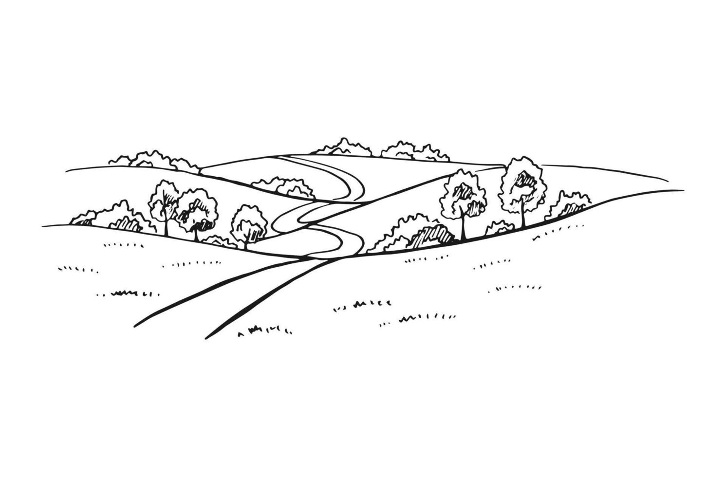 paisaje rural con camino y árbol. ilustración dibujada a mano convertida en vector. vector
