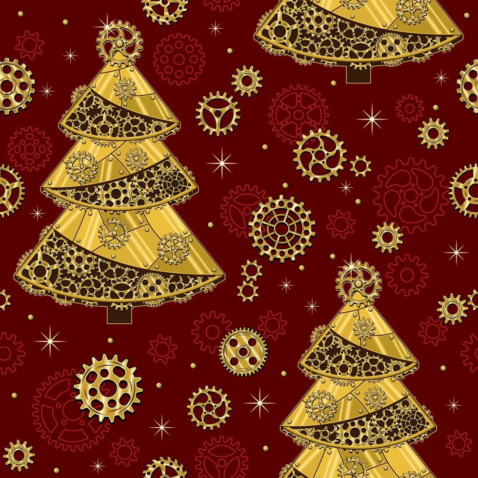 Pattern with gears, christmas tree made of shiny brass, gold metal plates, gears, cogwheels, rivets in steampunk style. Dark red background. vector