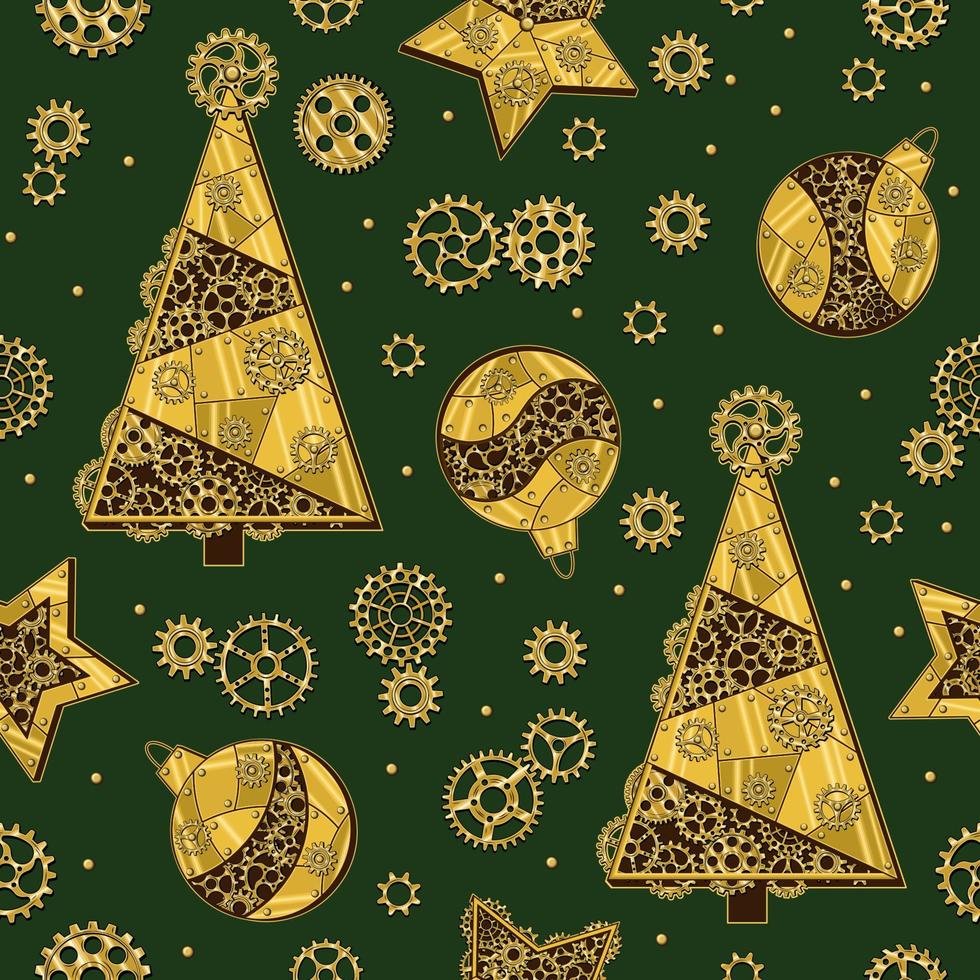 Pattern with gears and christmas tree, christmas balls made of shiny brass, gold metal plates, gears, cogwheels, rivets in steampunk style on green. Christmas background. vector