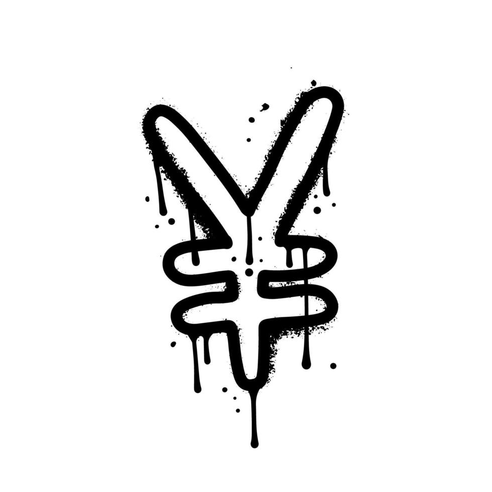 icono de moneda de yen y yuan en estilo graffiti urbano grunge. símbolo de arte callejero en aerosol negro de la moneda oriental con manchas aisladas en fondo blanco. ilustración rociada con textura vectorial. vector