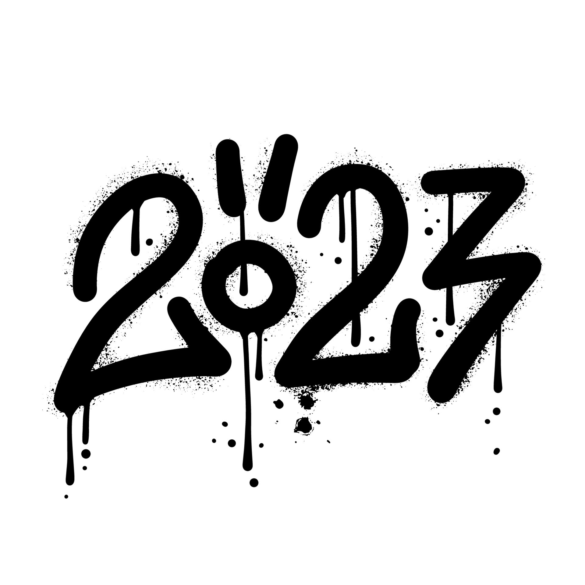 Sprayed 2023 tag urban graffiti with overspray in black over white