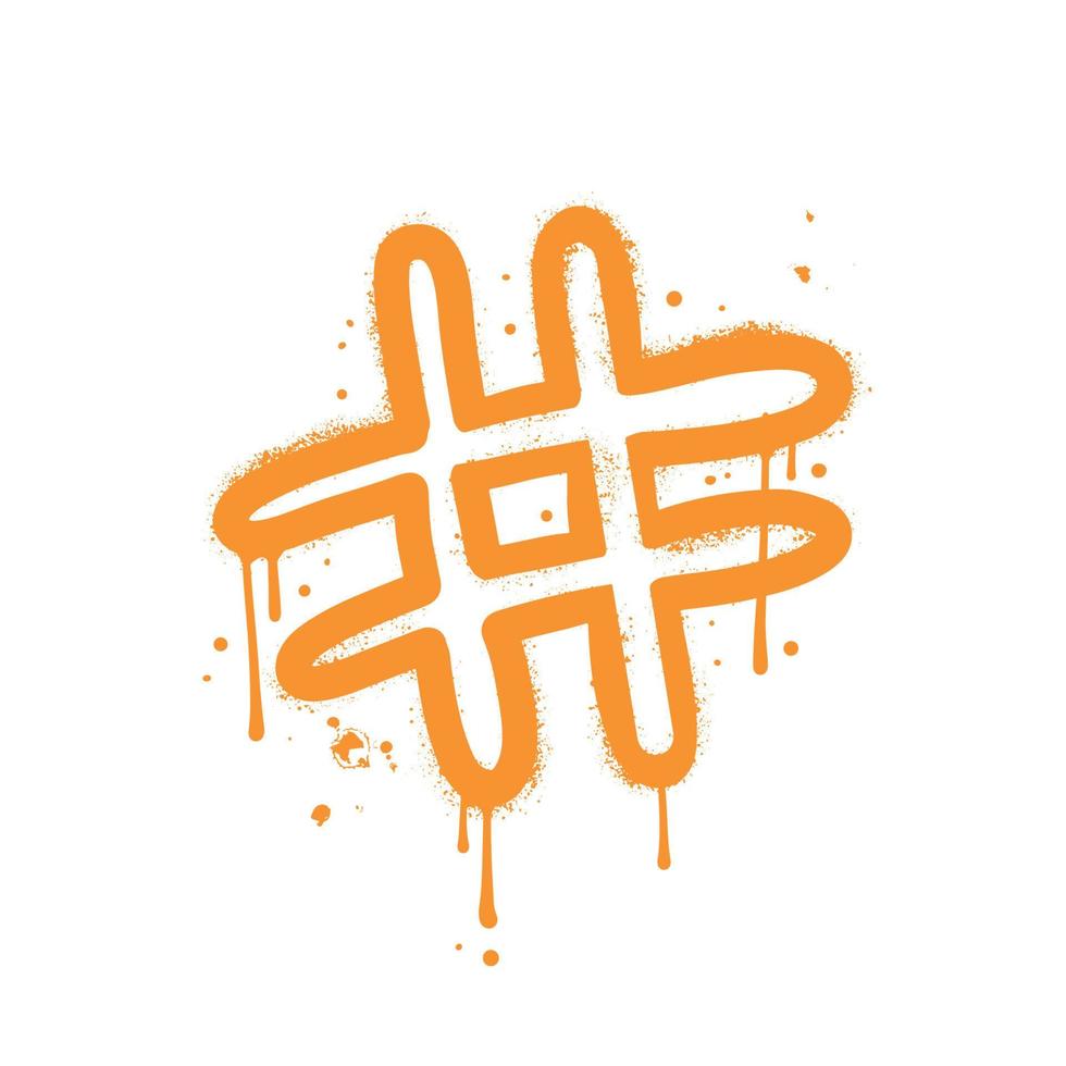 hashtag - signo de fuga de graffiti en naranja sobre blanco. arte callejero de vandalismo texturizado en aerosol. ilustración vectorial rociada. vector