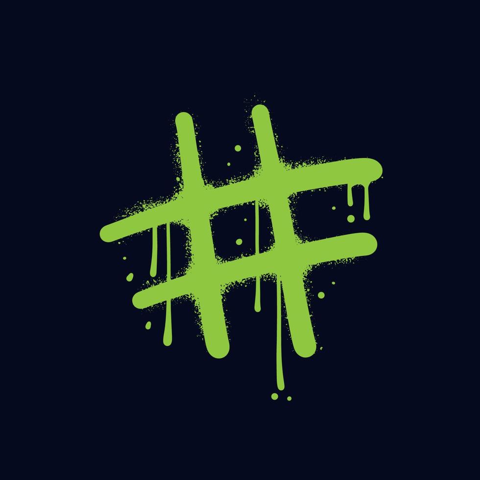 signo de hashtag - letras de graffiti callejero urbano en estilo grunge y2k. efectos de salpicadura y textura de gotas. el símbolo verde neón se rocía sobre fondo negro. ilustración dibujada a mano vectorial, vector