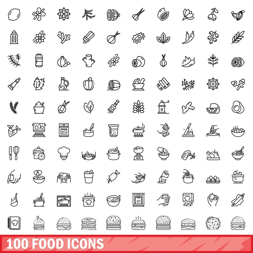 100 food icons set, outline style vector