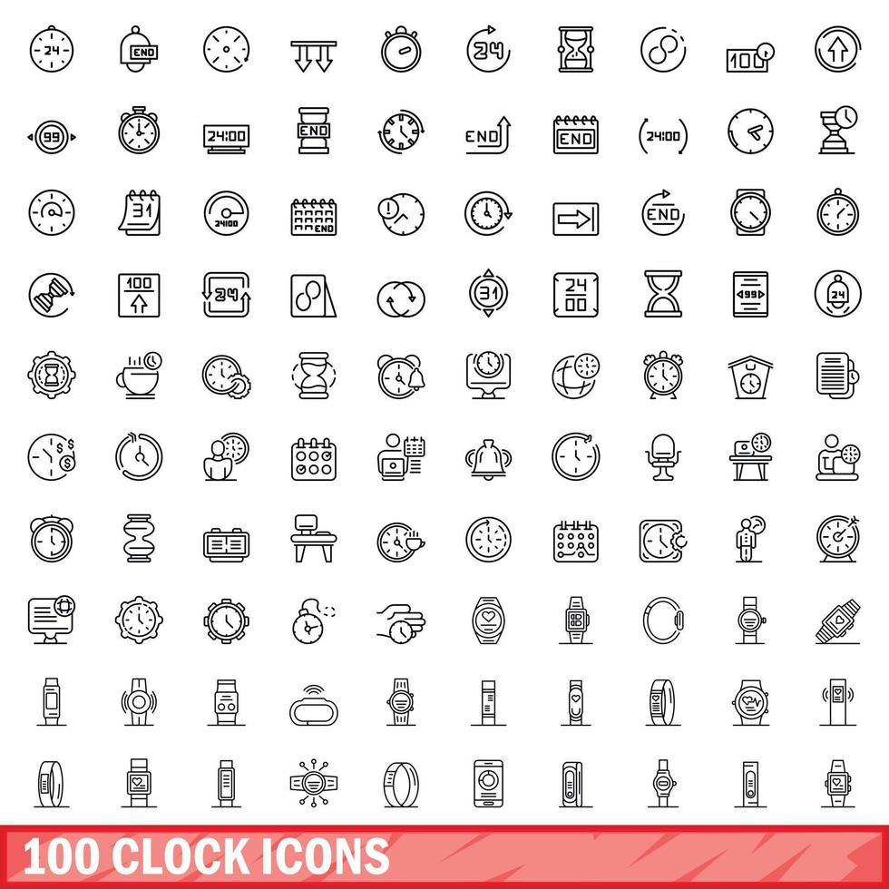 100 clock icons set, outline style vector