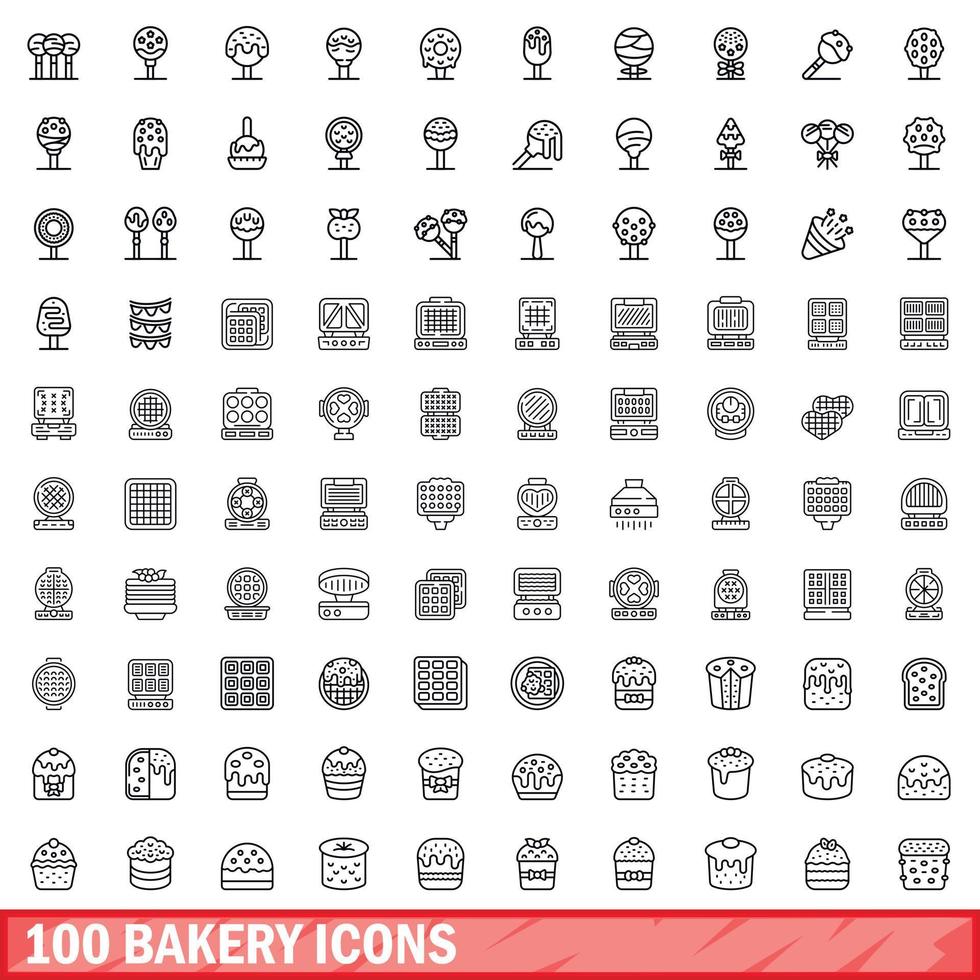 100 iconos de panadería, estilo de esquema vector