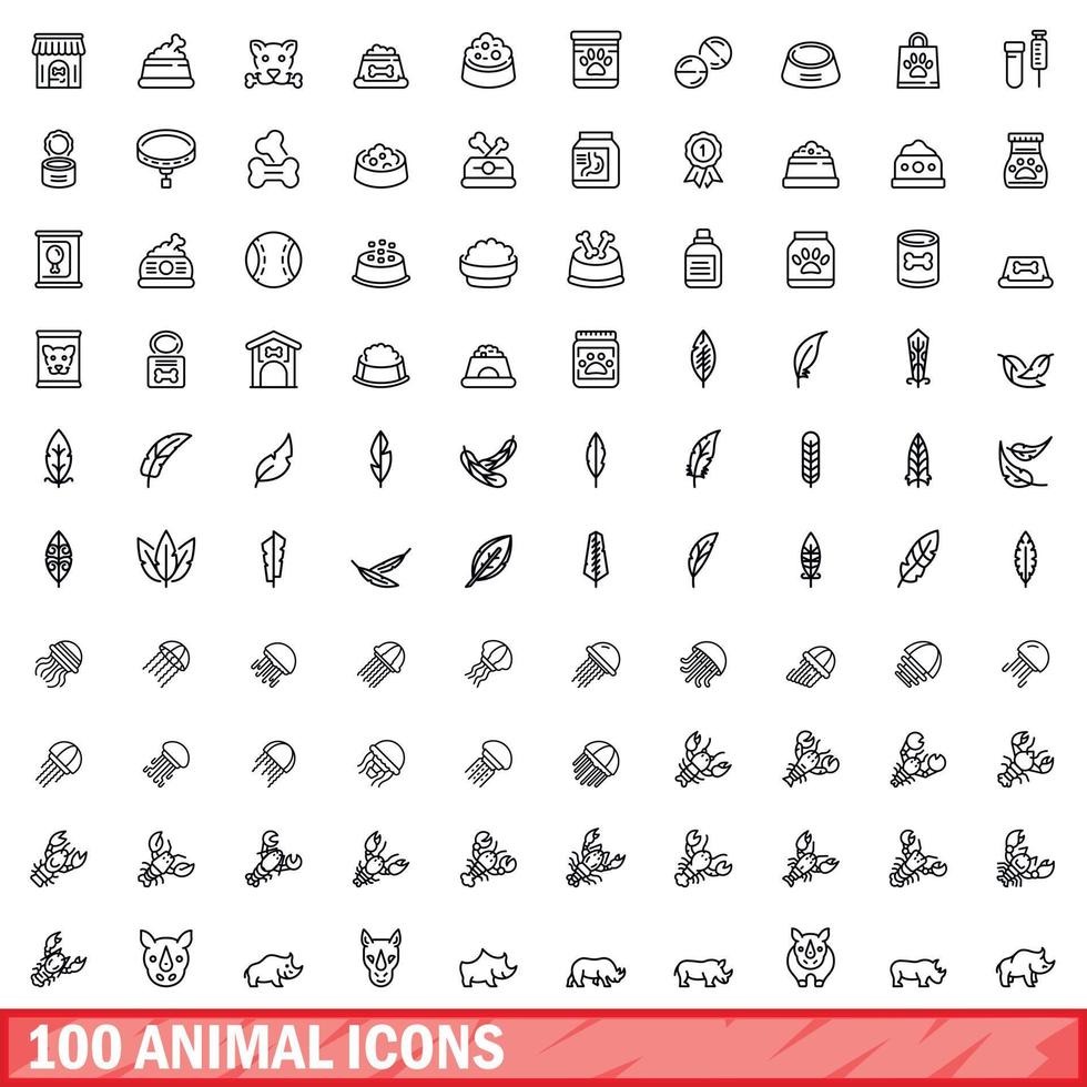 100 iconos de animales, estilo de esquema vector