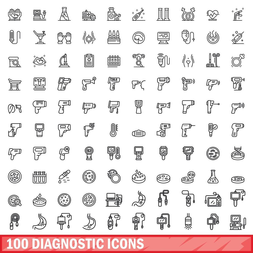 100 diagnostic icons set, outline style vector