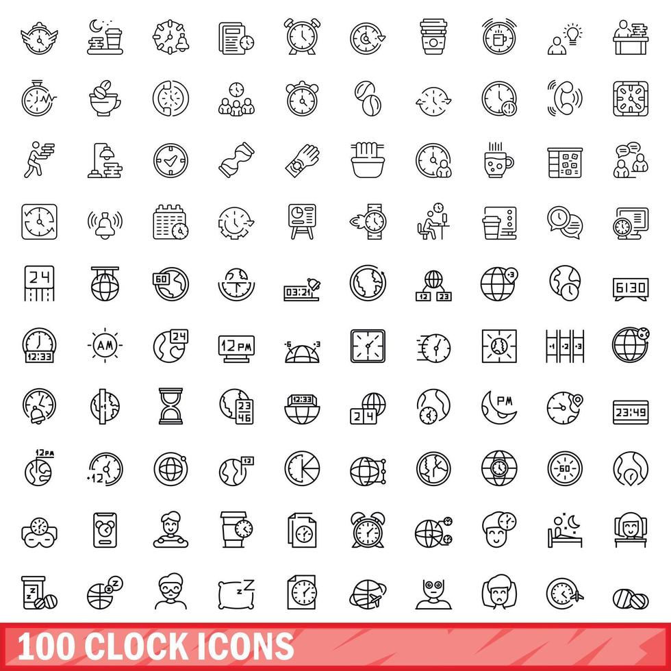 100 clock icons set, outline style vector