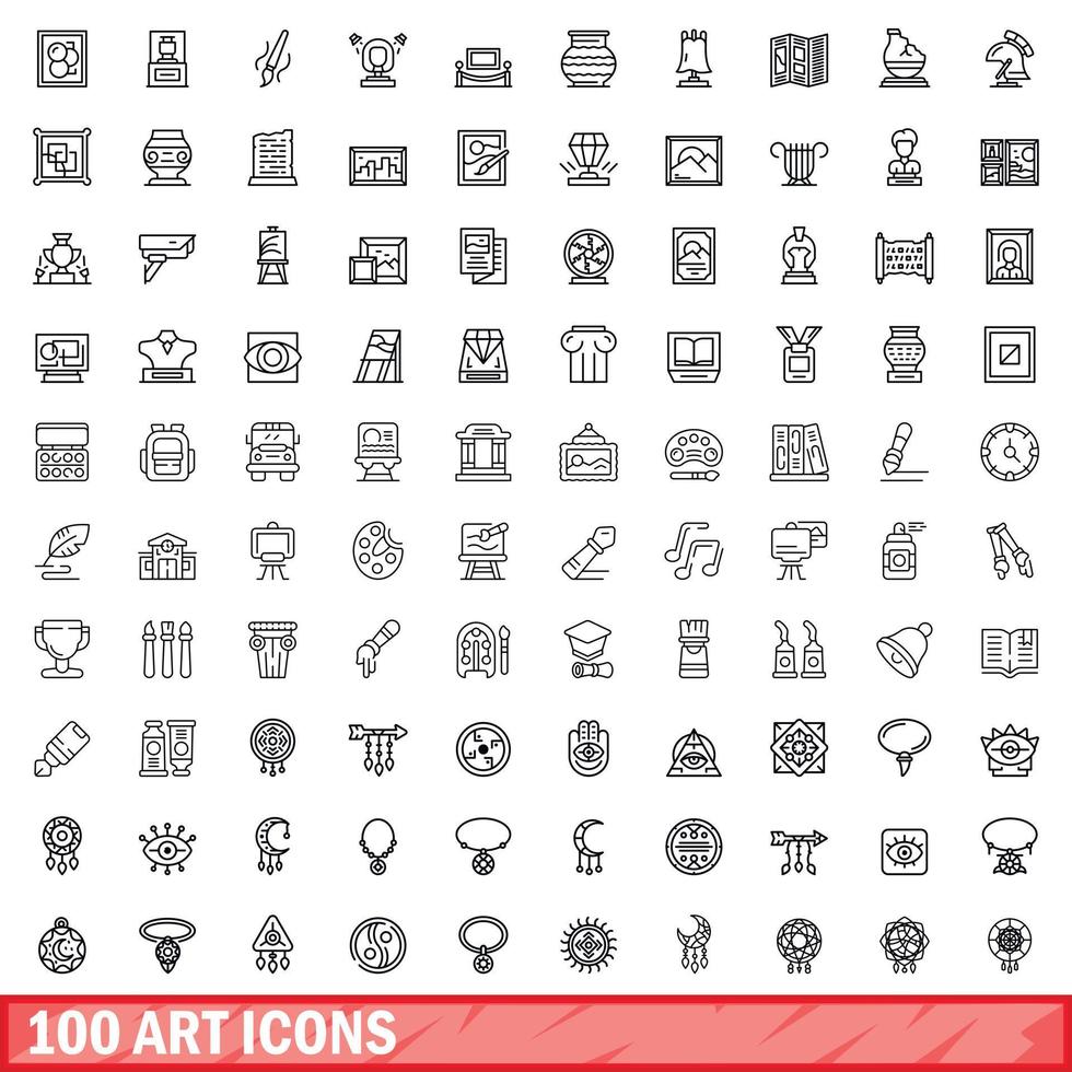 100 art icons set, outline style vector