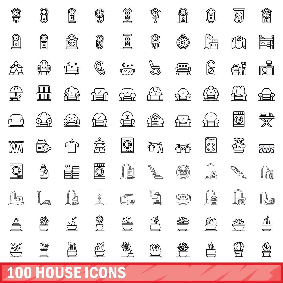 100 house icons set, outline style vector