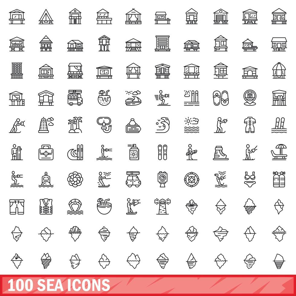 100 sea icons set, outline style vector