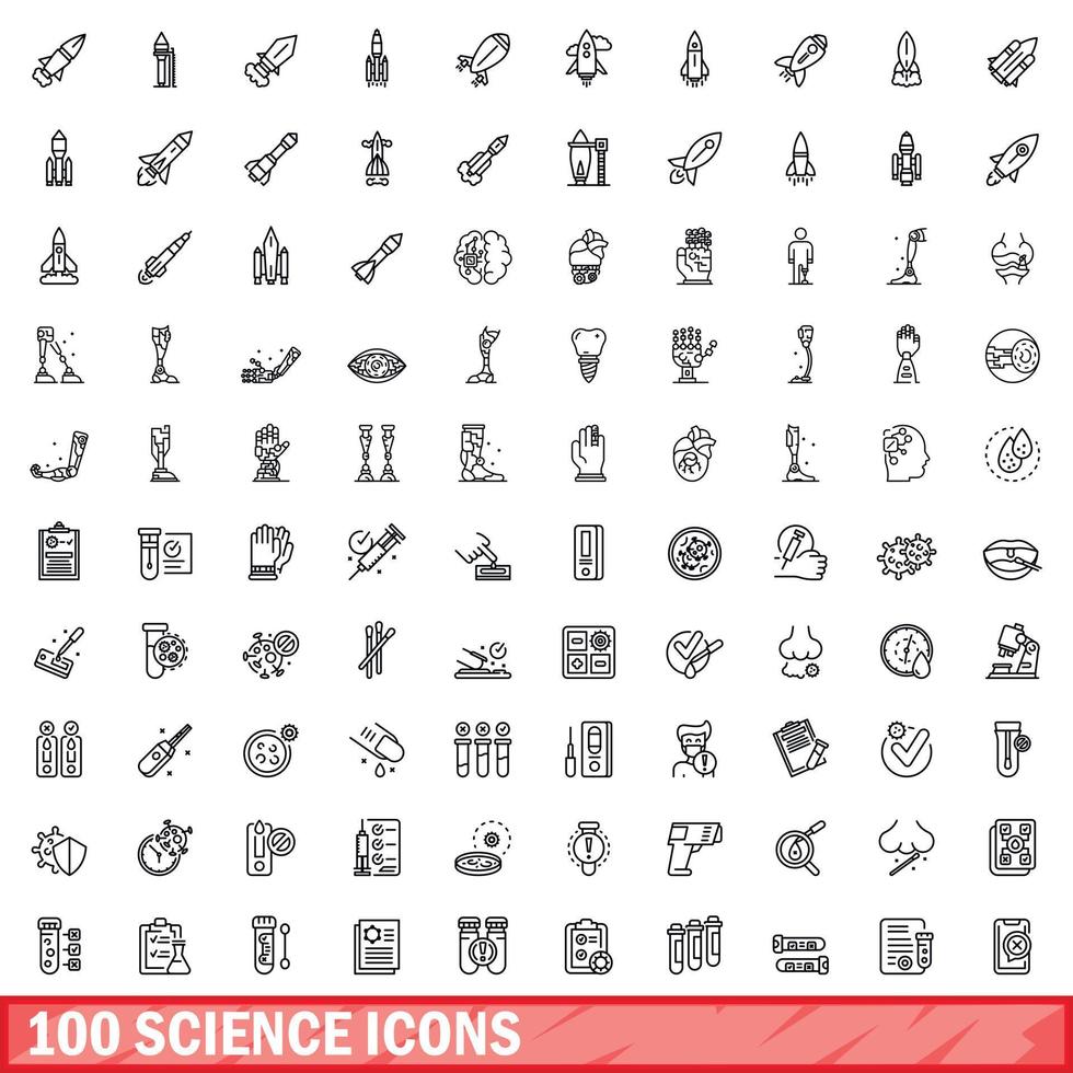 100 science icons set, outline style vector