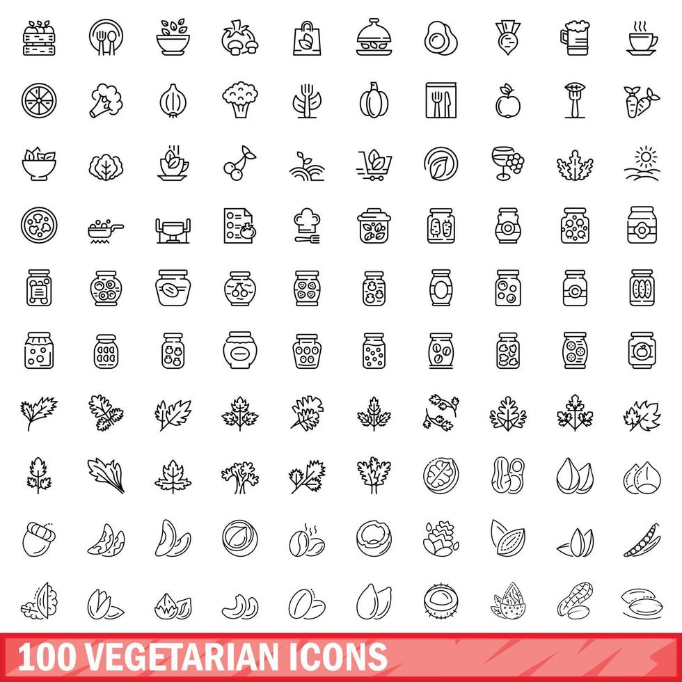 100 vegetarian icons set, outline style vector
