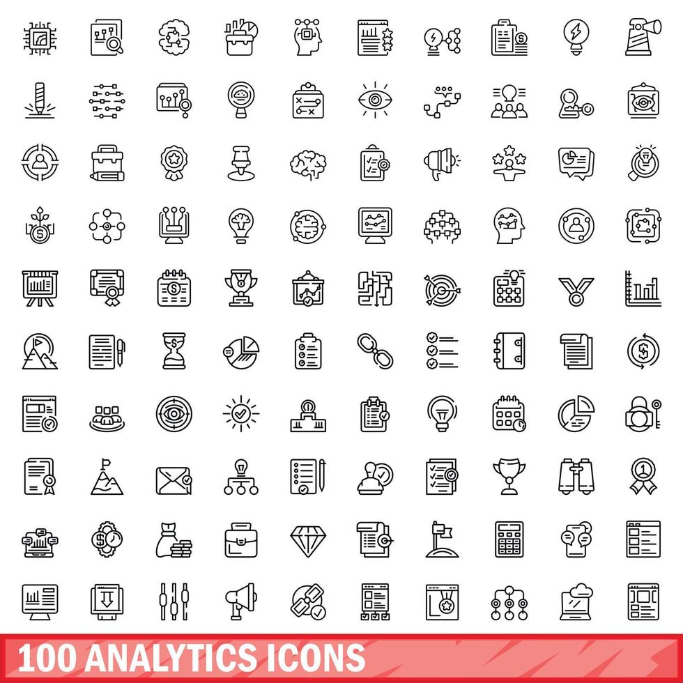 100 analytics icons set, outline style vector