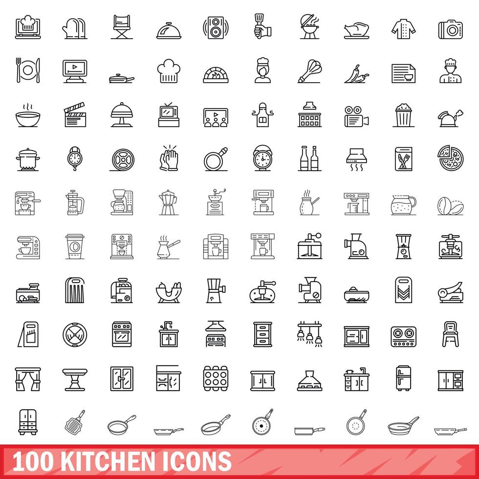 100 kitchen icons set, outline style vector