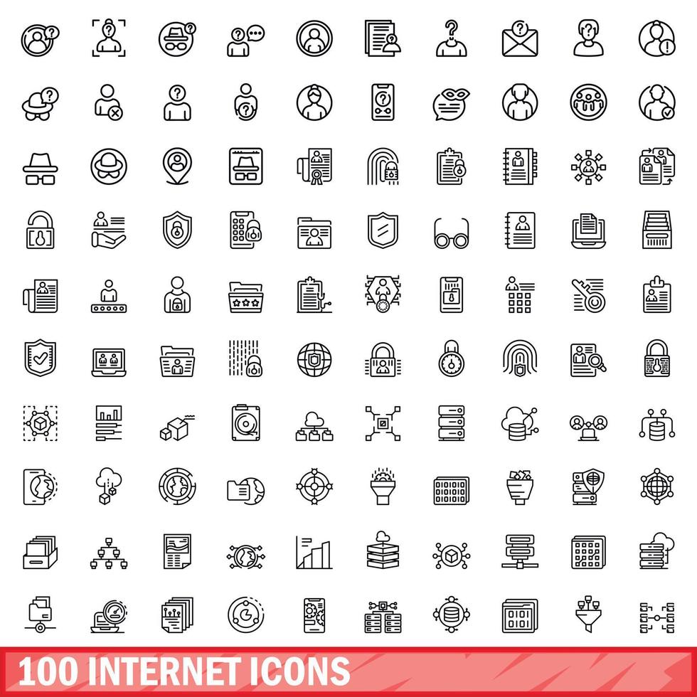 100 internet icons set, outline style vector