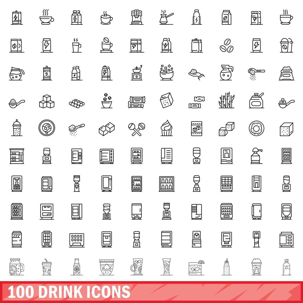 100 drink icons set, outline style vector