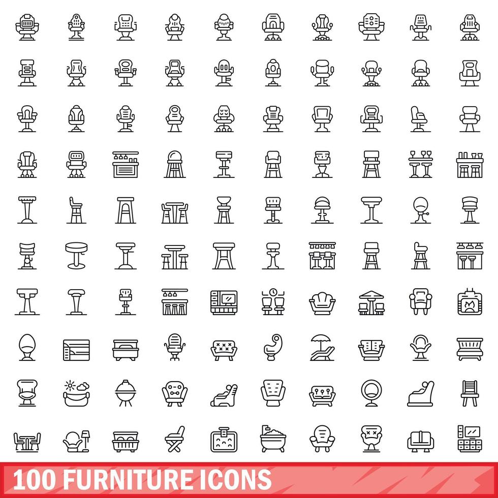 100 muebles, conjunto de iconos de estilo de esquema vector