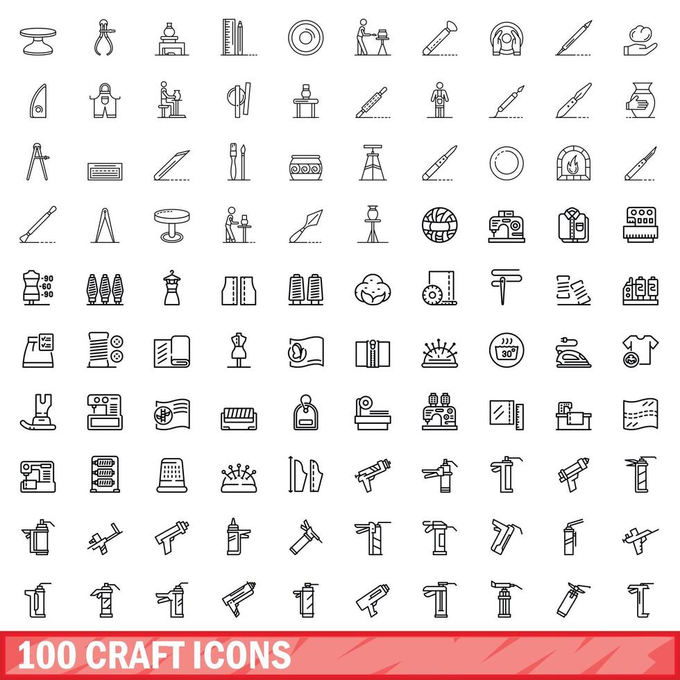 100 craft icons set, outline style vector