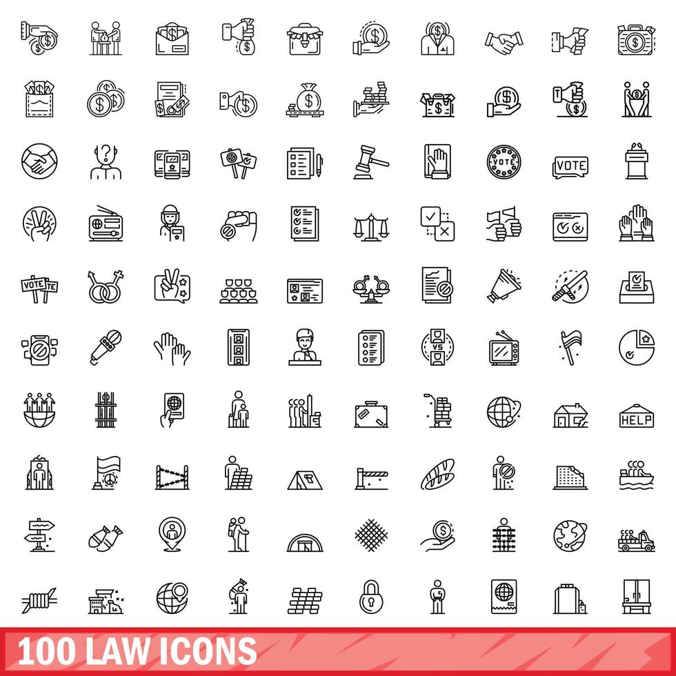 100 law icons set, outline style vector