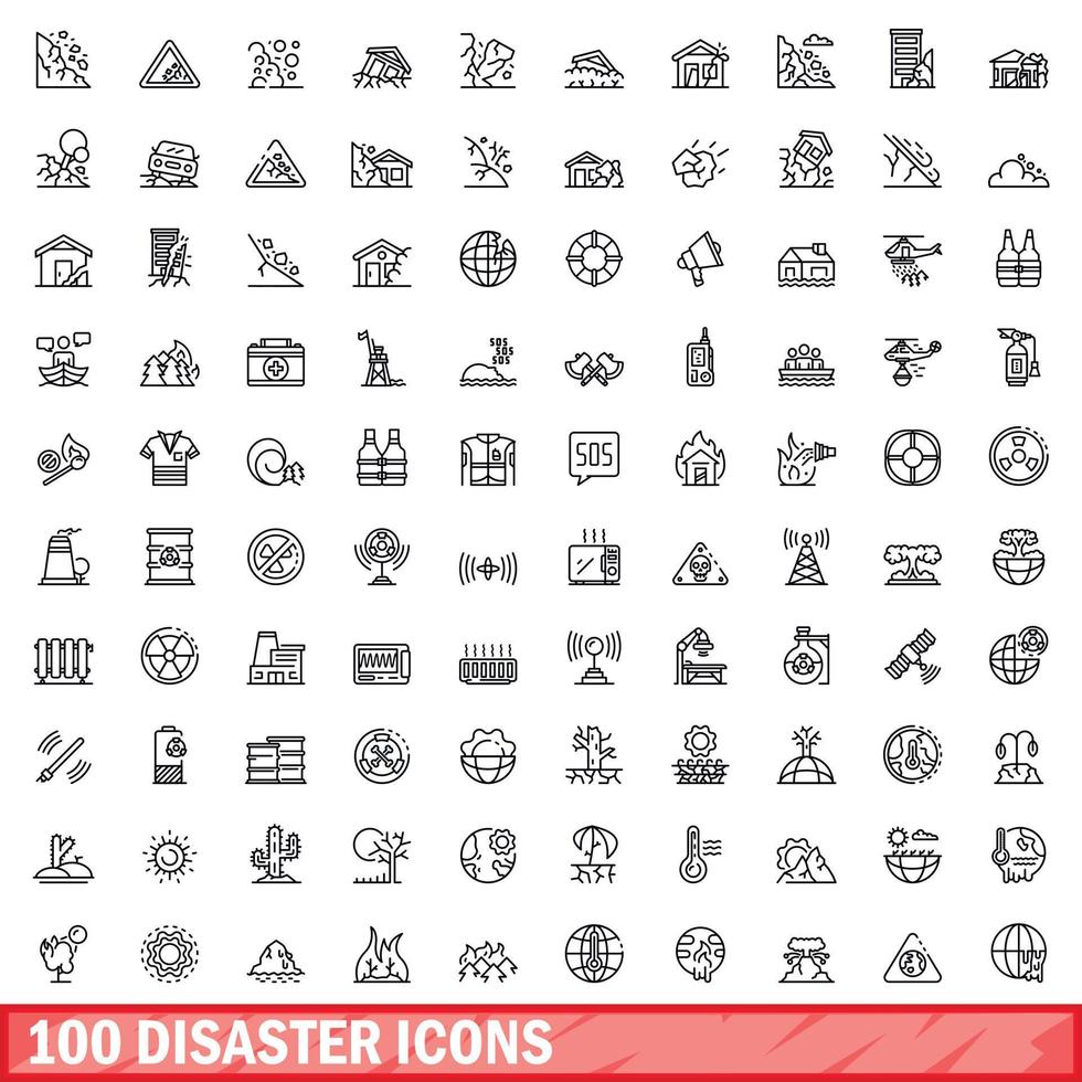 100 iconos de desastres establecidos, estilo de esquema vector