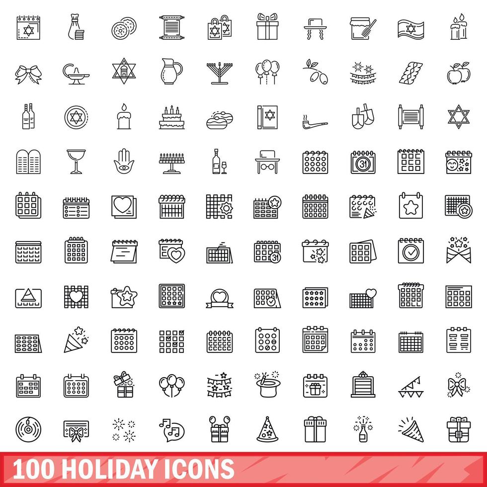 100 iconos de vacaciones, estilo de esquema vector